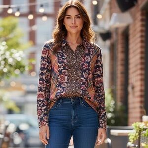 Soft Surroundings Icon Mixed Print Button Up Blouse Women's Size S Autumn FLAW